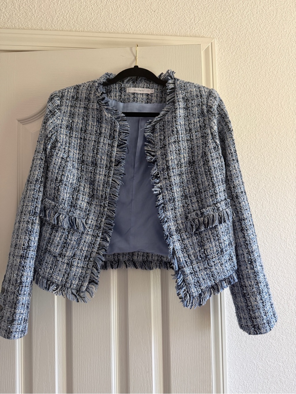 Tailored Light Blue Tweed Fringe Jacket